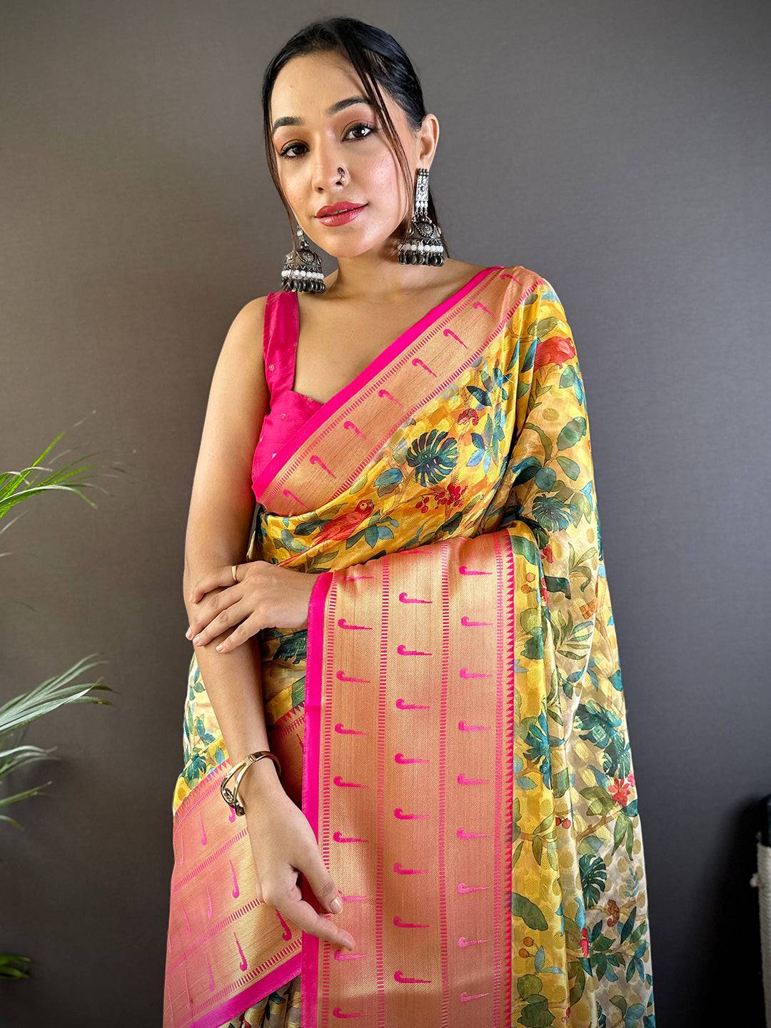 Yellow Floral Paithani Kora Silk Saree