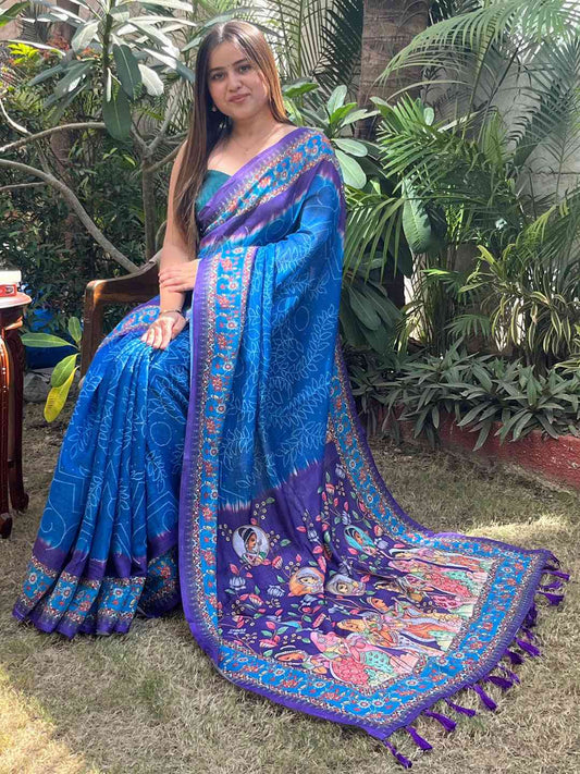 Royal Blue Design Linen Saree with Bandhej and kalamkari Digital Print by My Store