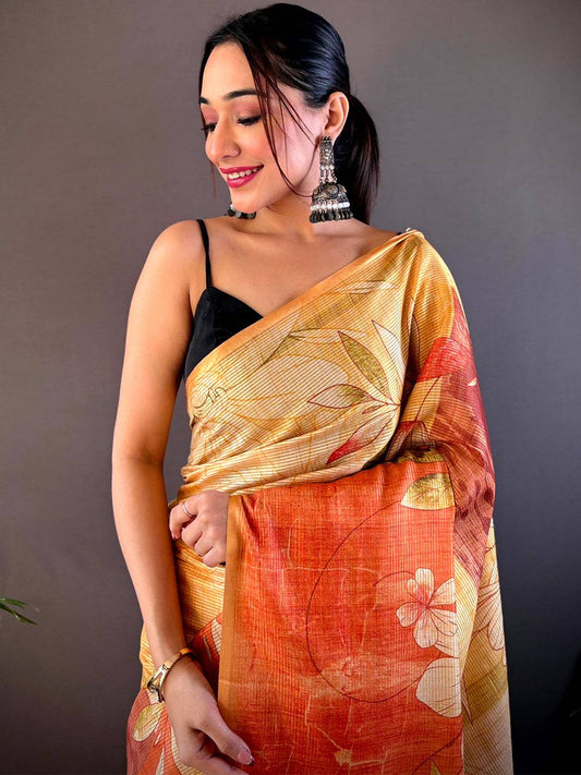 Golden Yellow Semi Zari Tussar Floral Saree by My Store