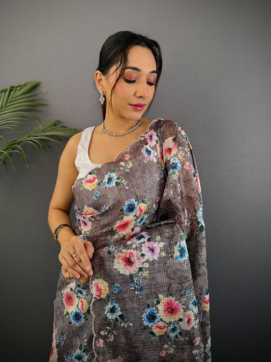 Charcoal Brown Kota Floral Digital Cut Work Saree by My Store