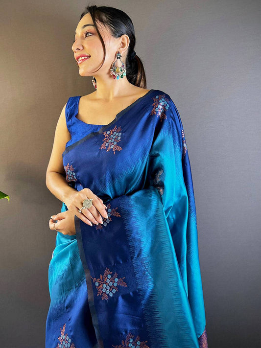 Royal Blue Sami Banarasi Tussar Silk Saree by My Store