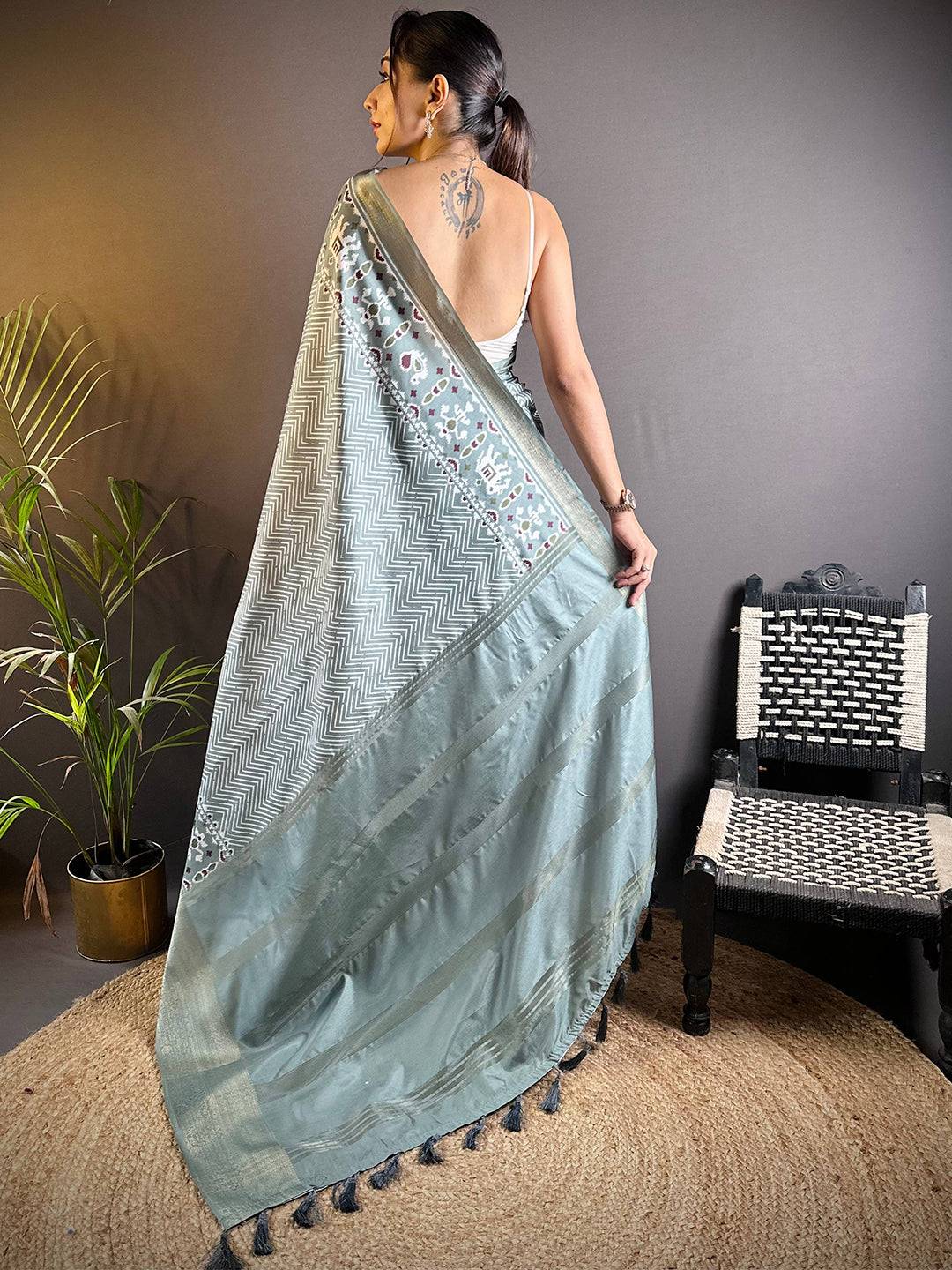 Light Blue Zig Zag Kalamkari Kanchi Silk Saree by My Store