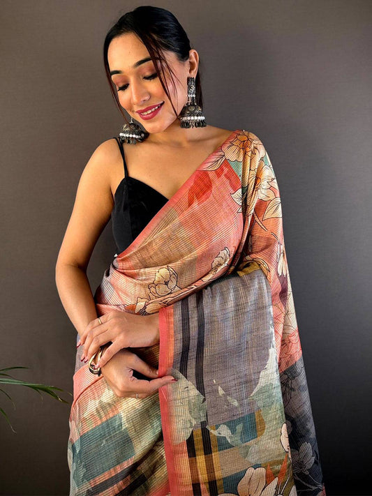 Pink Semi-Gold Zari Abstract Tussar Saree by My Store