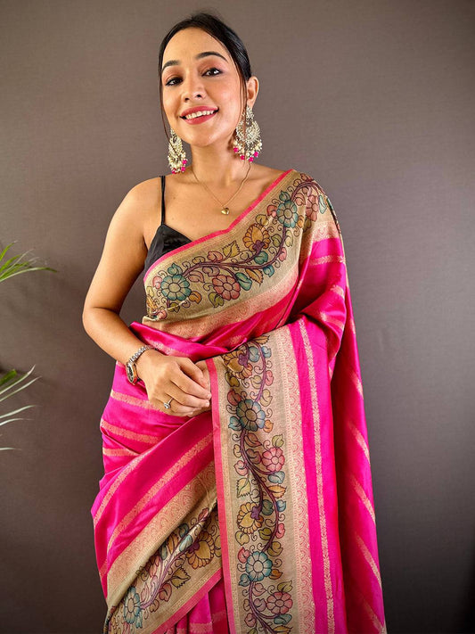 Pink Geometric Zari And Kalamkari Silk Saree by My Store