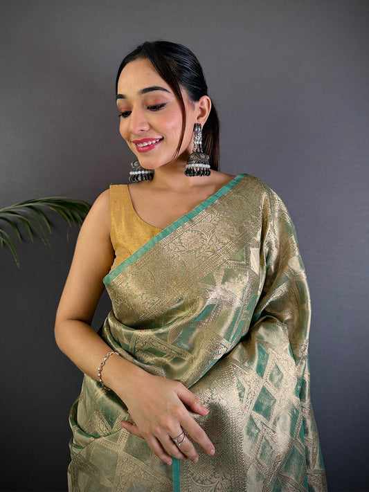 Green Tissue Jarokha Zari Weaving Saree by My Store