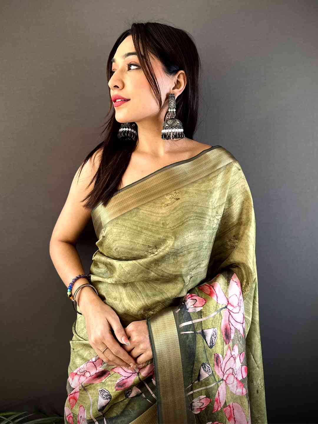Olive Floral Grace Soft Silk Tissue Saree by My Store
