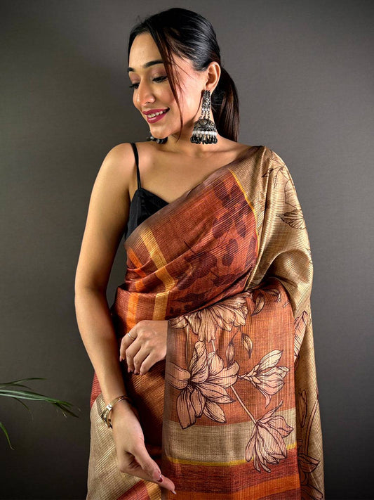 Coffee Brown Semi Gold Zari Tussar Saree by My Store
