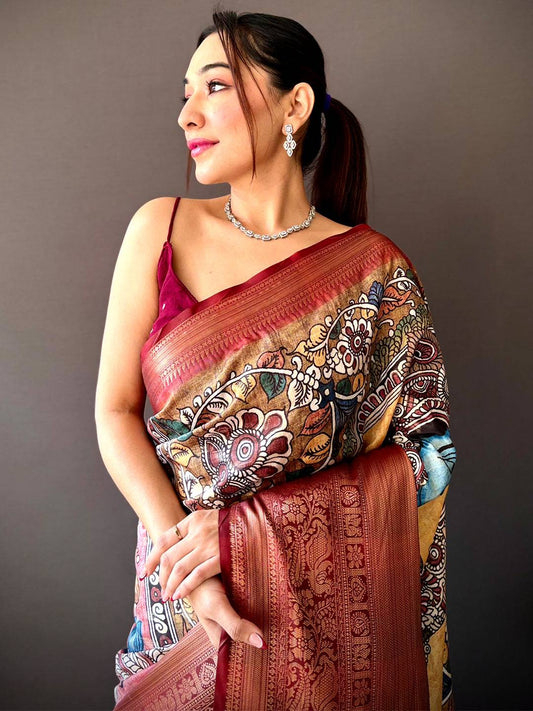 Buff Beige Soft Silk Saree With Pattu Zari Border by My Store