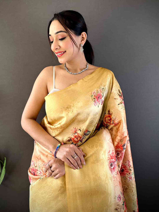 Golden Yellow Kanjivaram Digital Silk Saree by My Store
