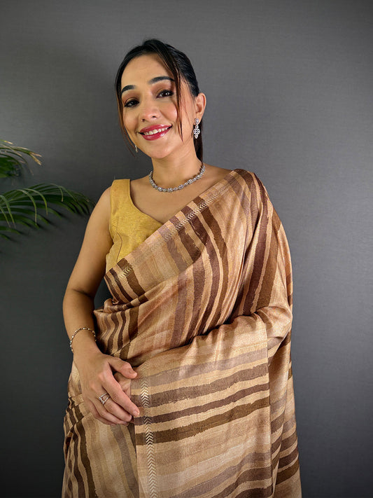 Brown Tussar Ghicha Stripe Saree by My Store