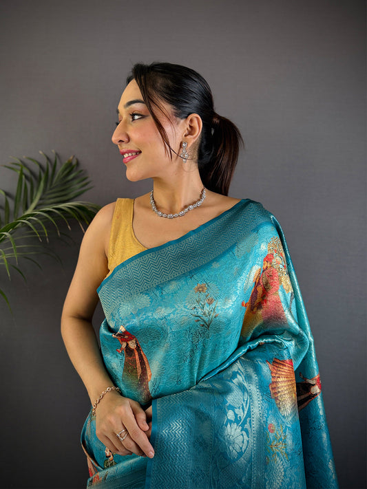 Dark Blue Kanjivaram Silk Digital Print Saree by My Store