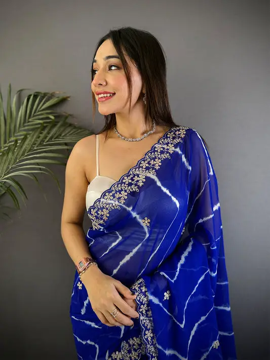 Blue Soft Georgette Bandhej Print Saree