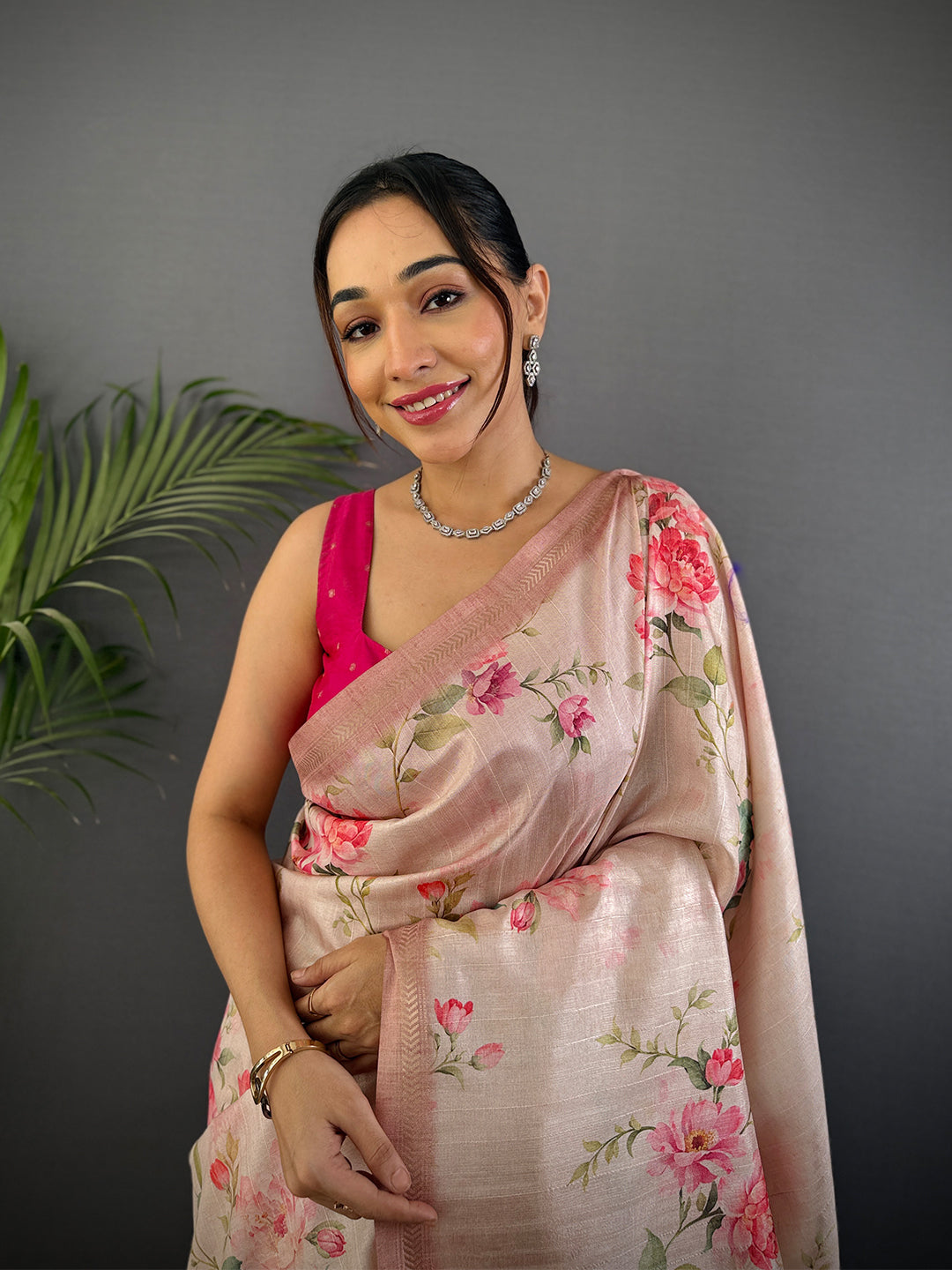 Light Pink Ghicha Leaf Print Saree by My Store