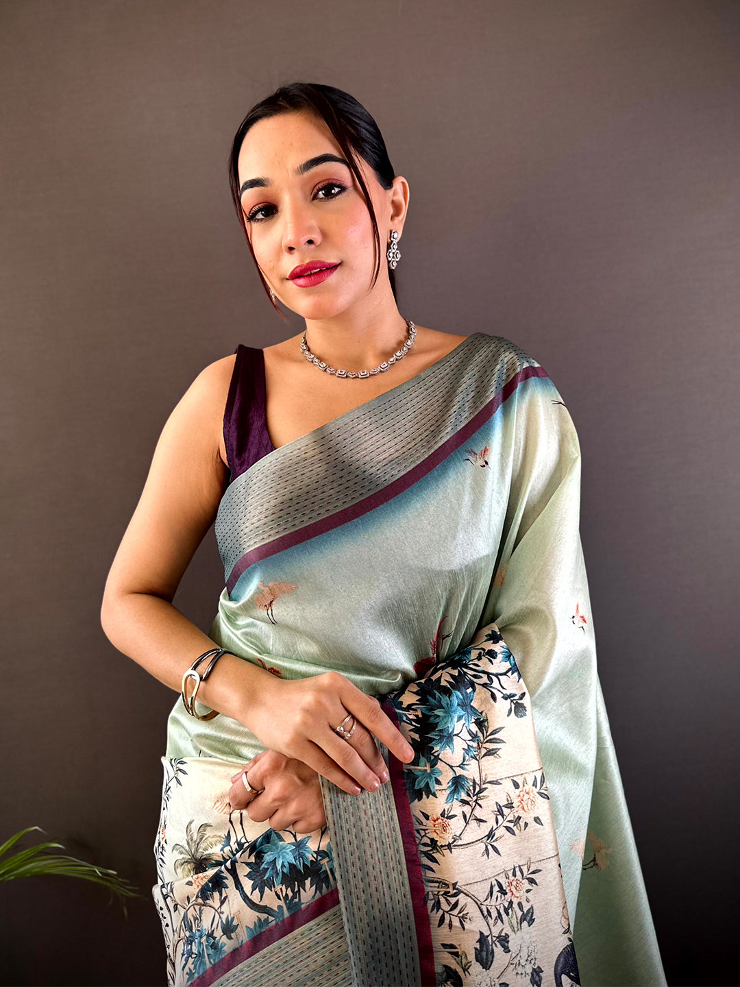 Mint Green Digital Kalamkari Printed Tussar Silk Saree by My Store