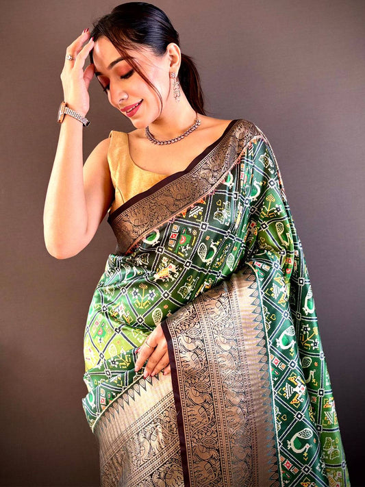 Ombre Green Soft Silk Patola Print Saree by My Store