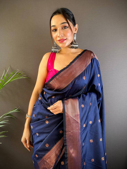 Navy Blue Copper Elegance Soft Silk Saree by My Store
