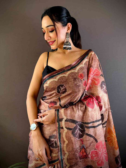 Light Brown Folklore Tissue Chanderi Saree by My Store