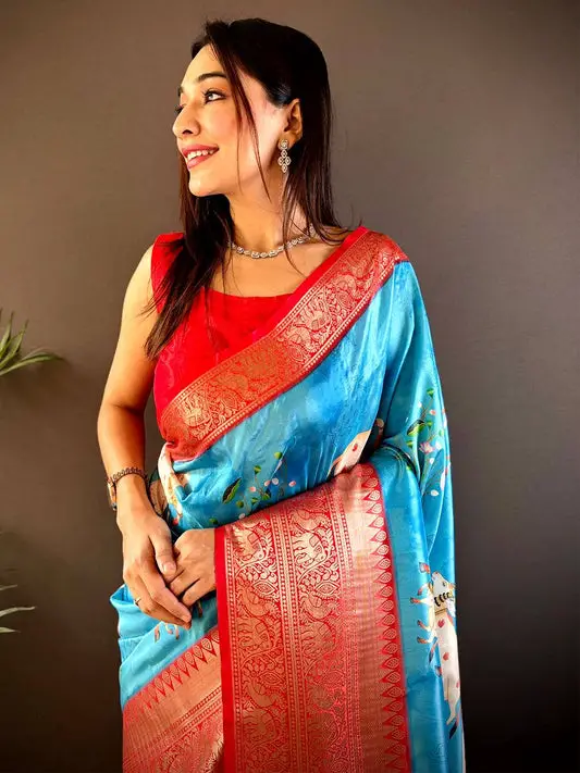 Blue Soft Silk Saree With Pichwai Kalamkari Print