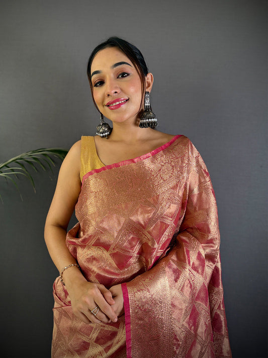 Pink Tissue Jarokha Zari Weaving Saree by My Store