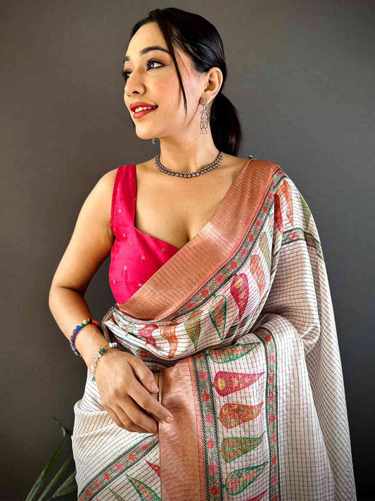 Radiant Coral Soft Silk Digital Print Saree by My Store