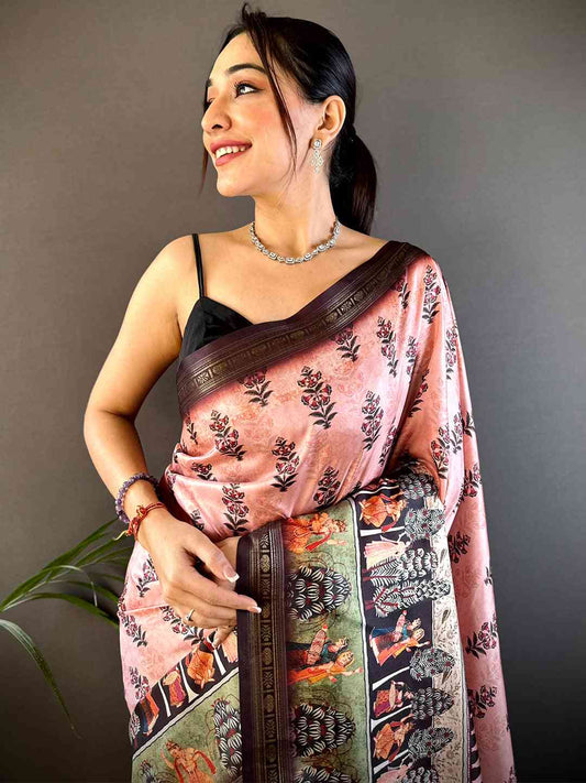 Pink Soft Silk Bird Kalamkari Print Saree by My Store