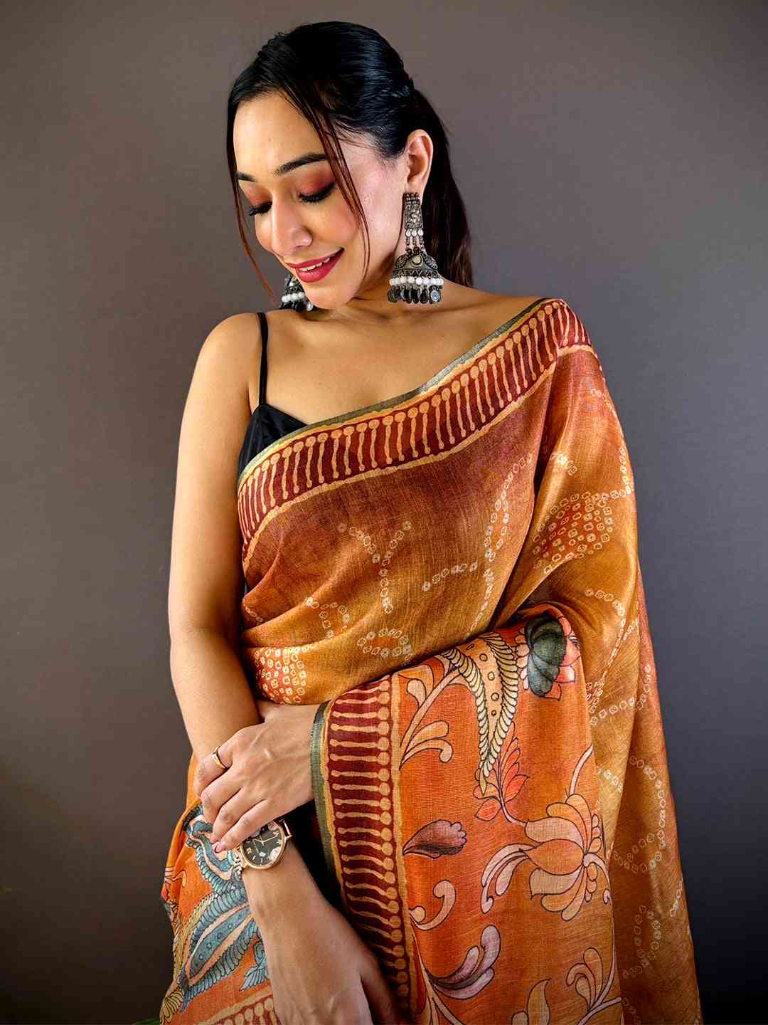 Orange Floral Chanderi Saree by My Store
