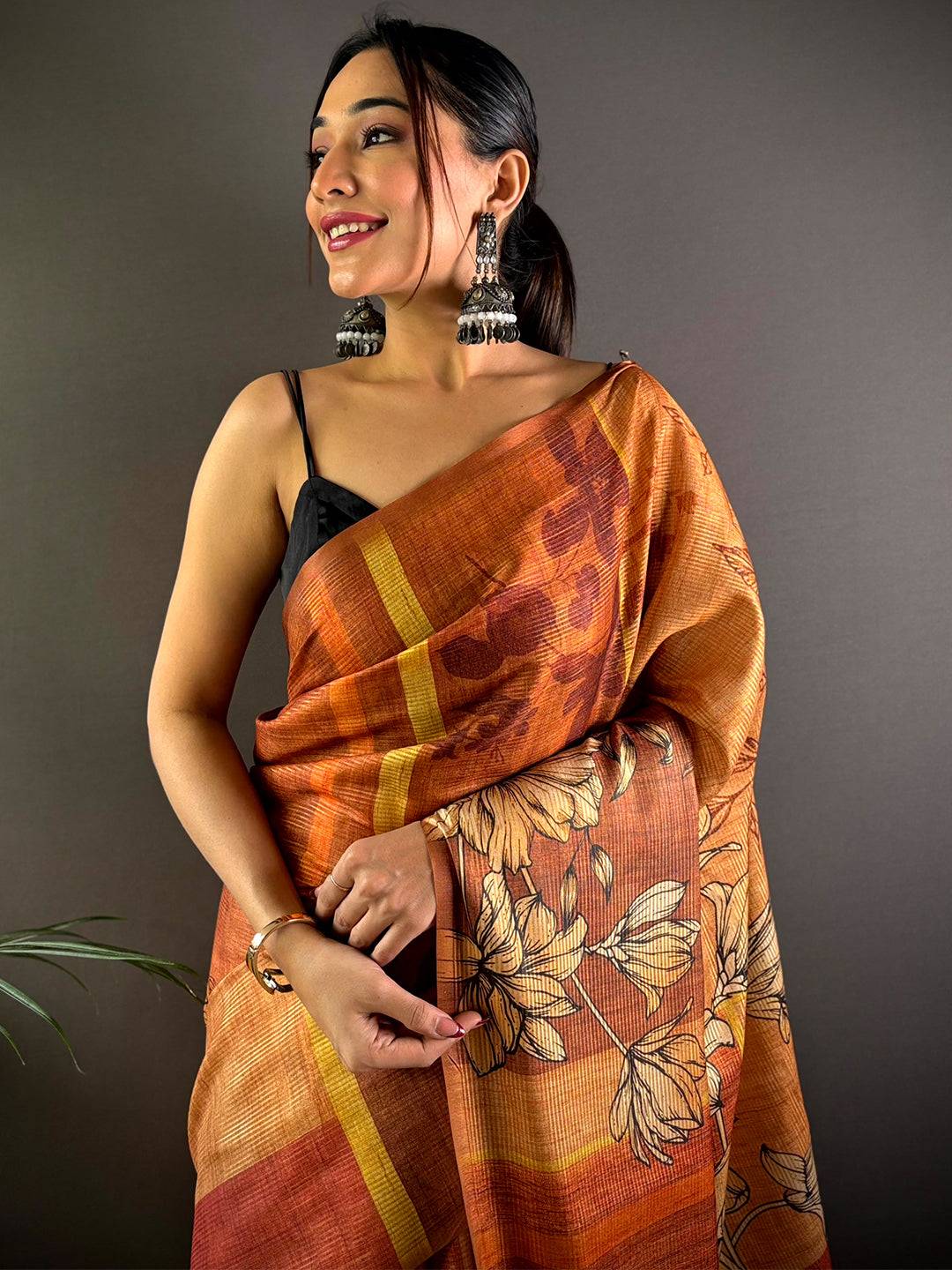 Brown Semi Gold Zari Tussar Saree by My Store