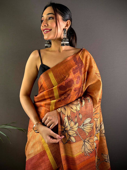 Brown Semi Gold Zari Tussar Saree by My Store