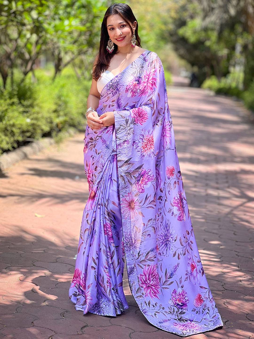 Satin Georgette Lavender Floral Digital Print Saree