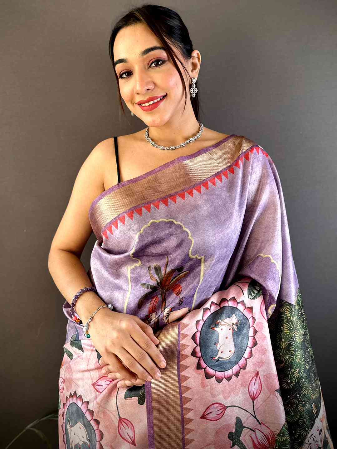 Lavender Soft Silk Tissue Pichwai Print Saree by My Store