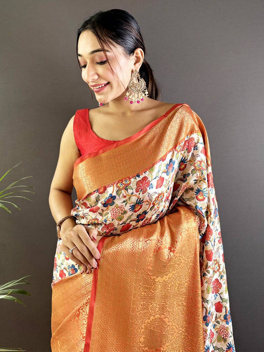 Cream Banarasi Silk Saree With Kanchi Pattu Border by My Store