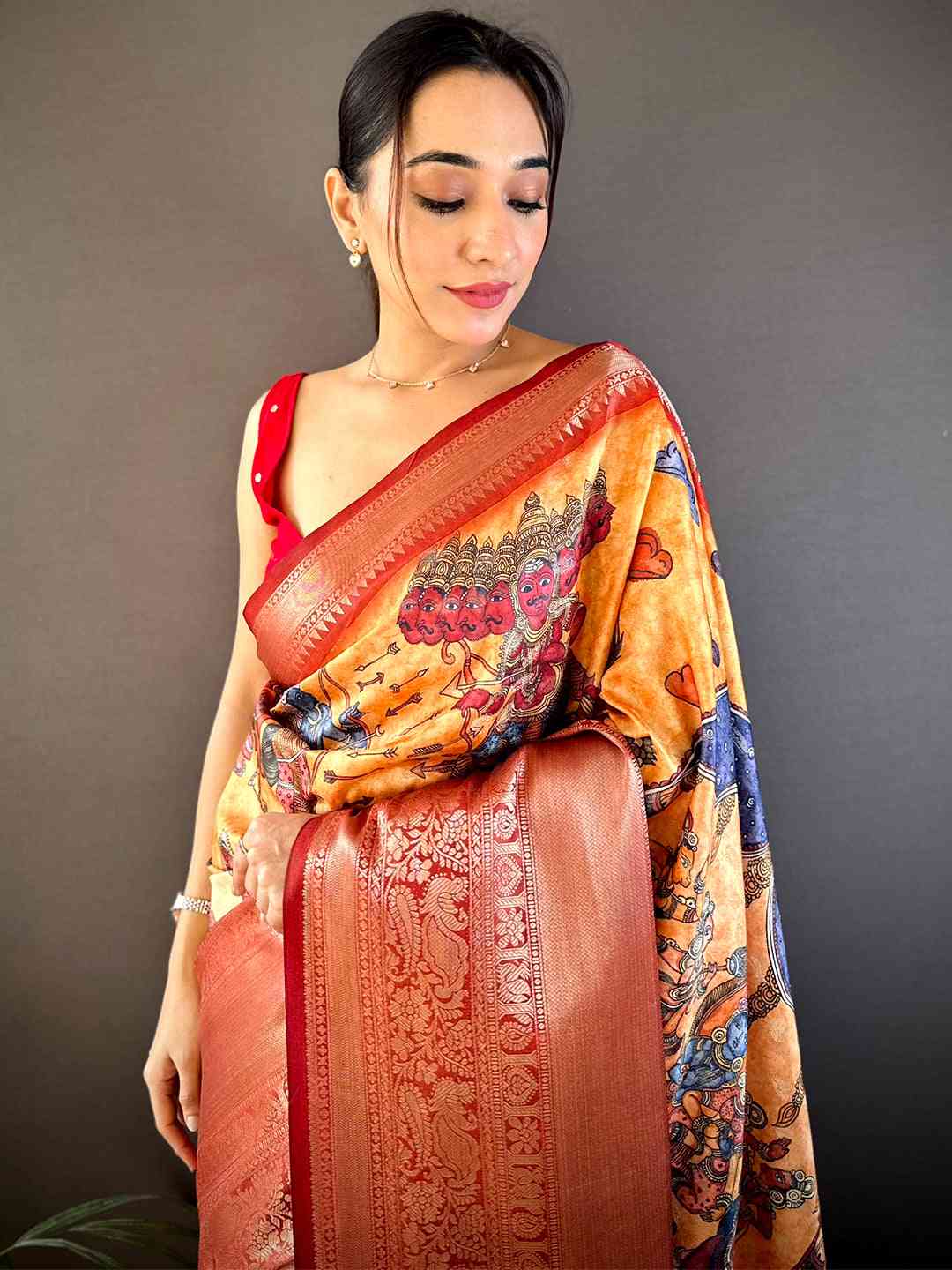 Mustard Ramayana Pen Kalamkari Printed Saree by My Store