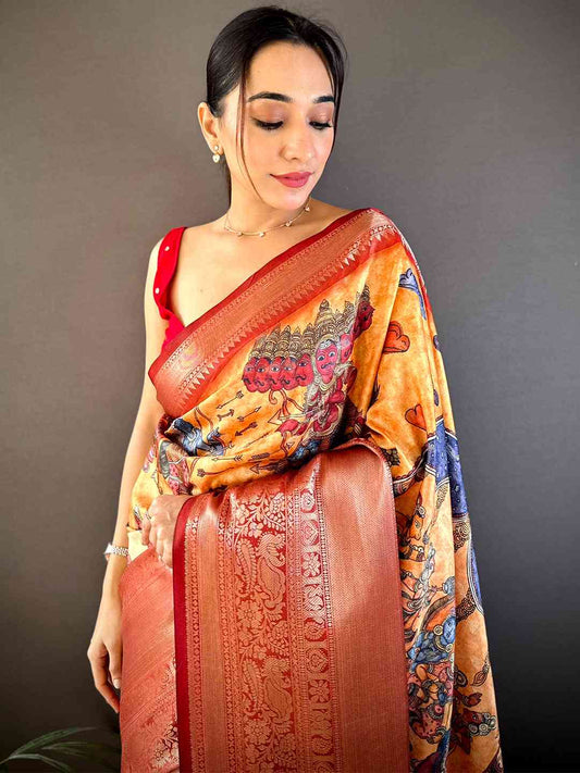 Mustard Ramayana Pen Kalamkari Printed Saree by My Store