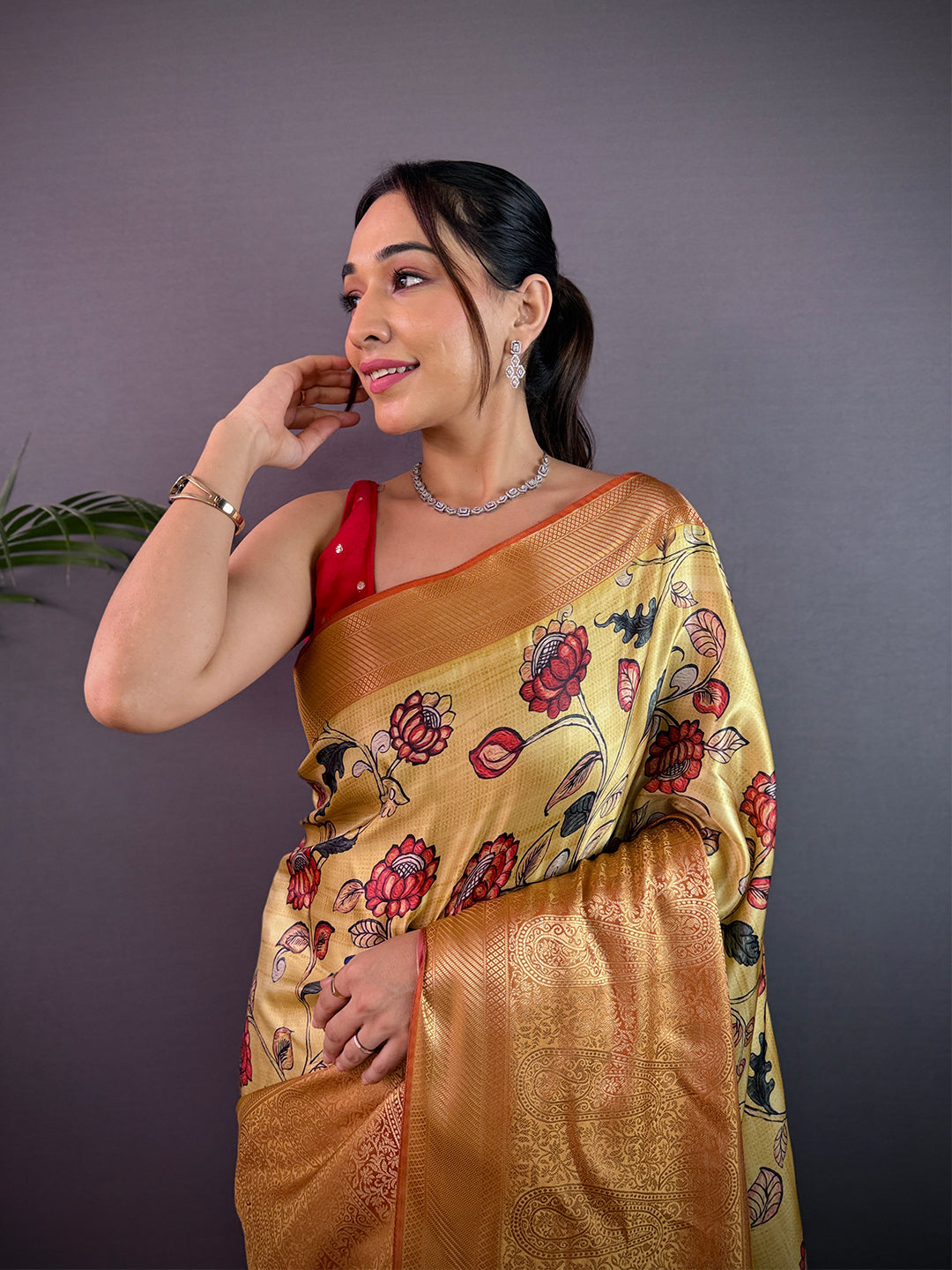 Lemon Yellow Cherry Satin Kalamkari Saree by My Store