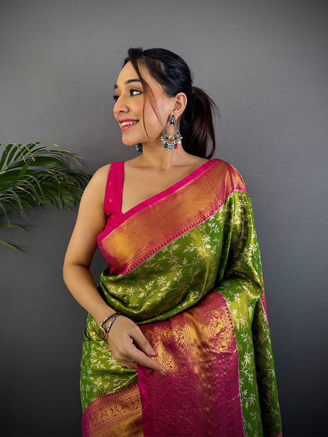 Lime Green Dharmavaram Silk Saree by My Store