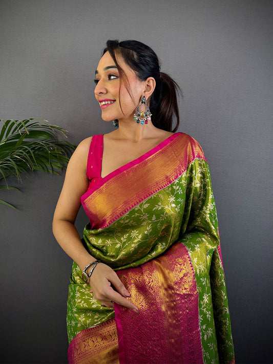 Lime Green Dharmavaram Silk Saree by My Store