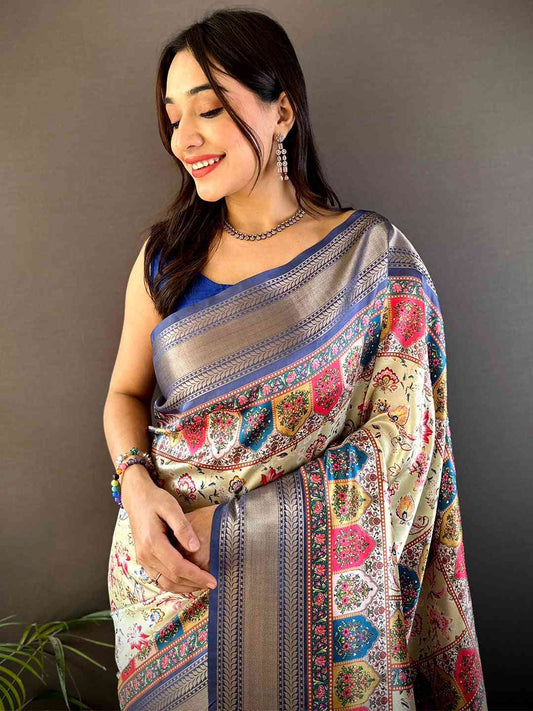 Royal Blue Mughal Kalamkari Print Pashmina Saree by My Store