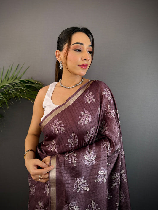 Dark Wine Leaf Print Ghicha Handloom Saree by My Store