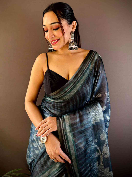 Deep Teal Floral Stripes Tissue Saree by My Store