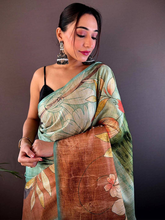 Rama Blue Zari Tussar Floral Saree by My Store