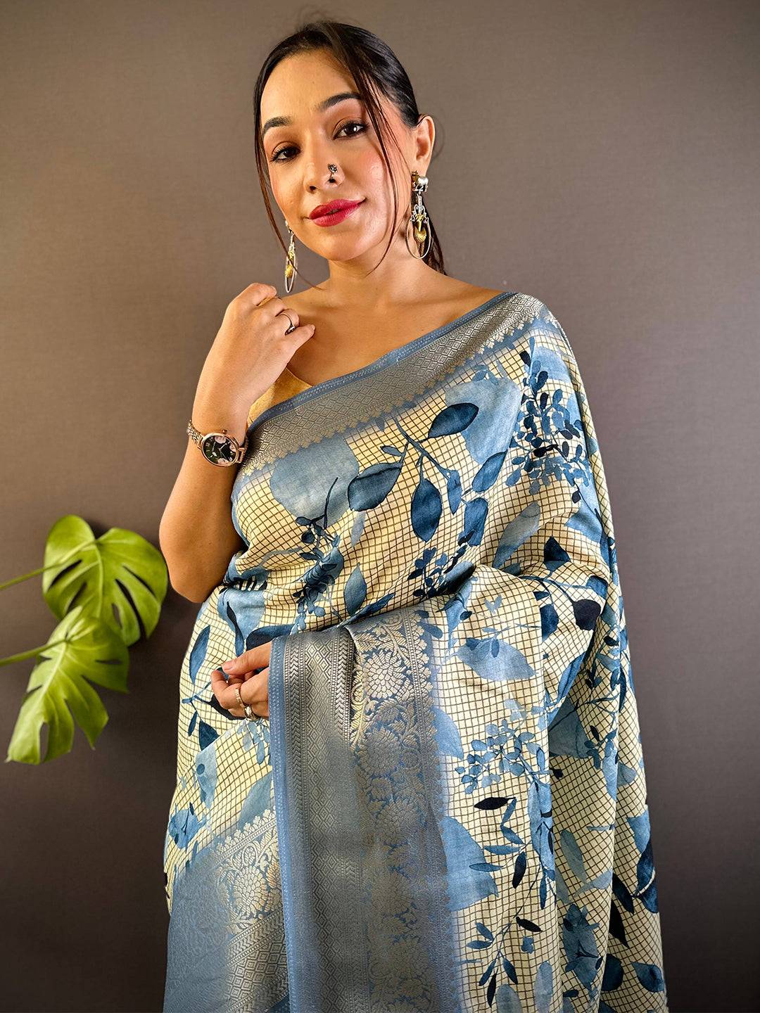 Leaf And Check Sky Blue Viscose Saree by My Store