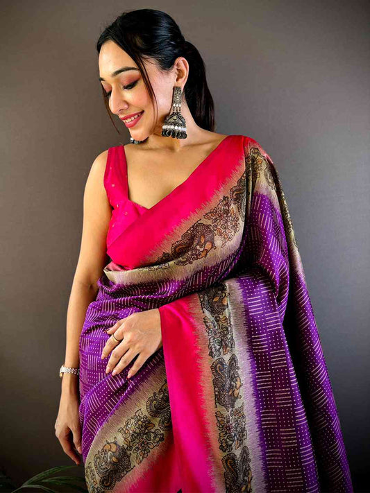 Purple Soft Silk Kalamkari Pallu Saree by My Store