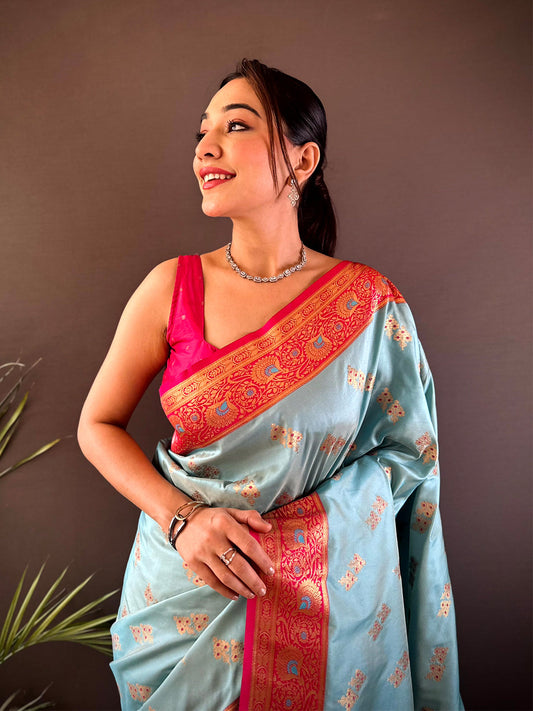 Sky Blue Soft Silk Kanjivaram Saree by My Store