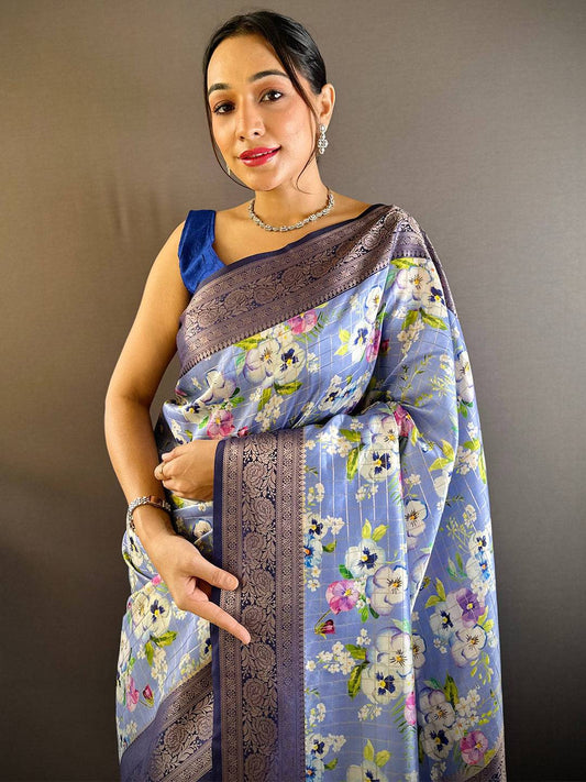 Serene Steel Blue Floral Elegance Saree by My Store