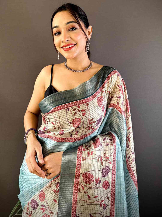 Sky Blue Soft Silk Floral Digital Saree by My Store