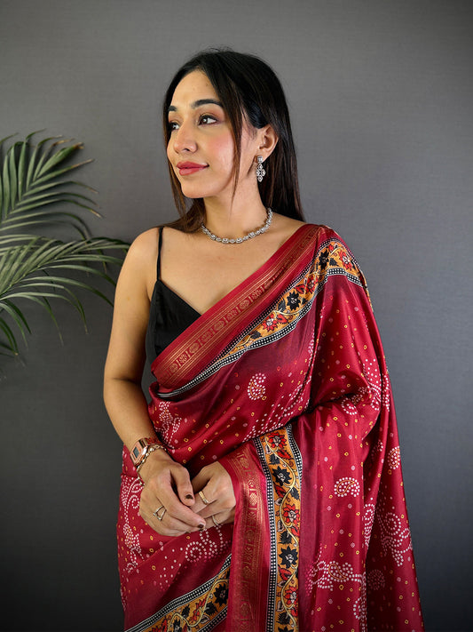 Red Bandhej Kalamkari Soft Silk Saree by My Store