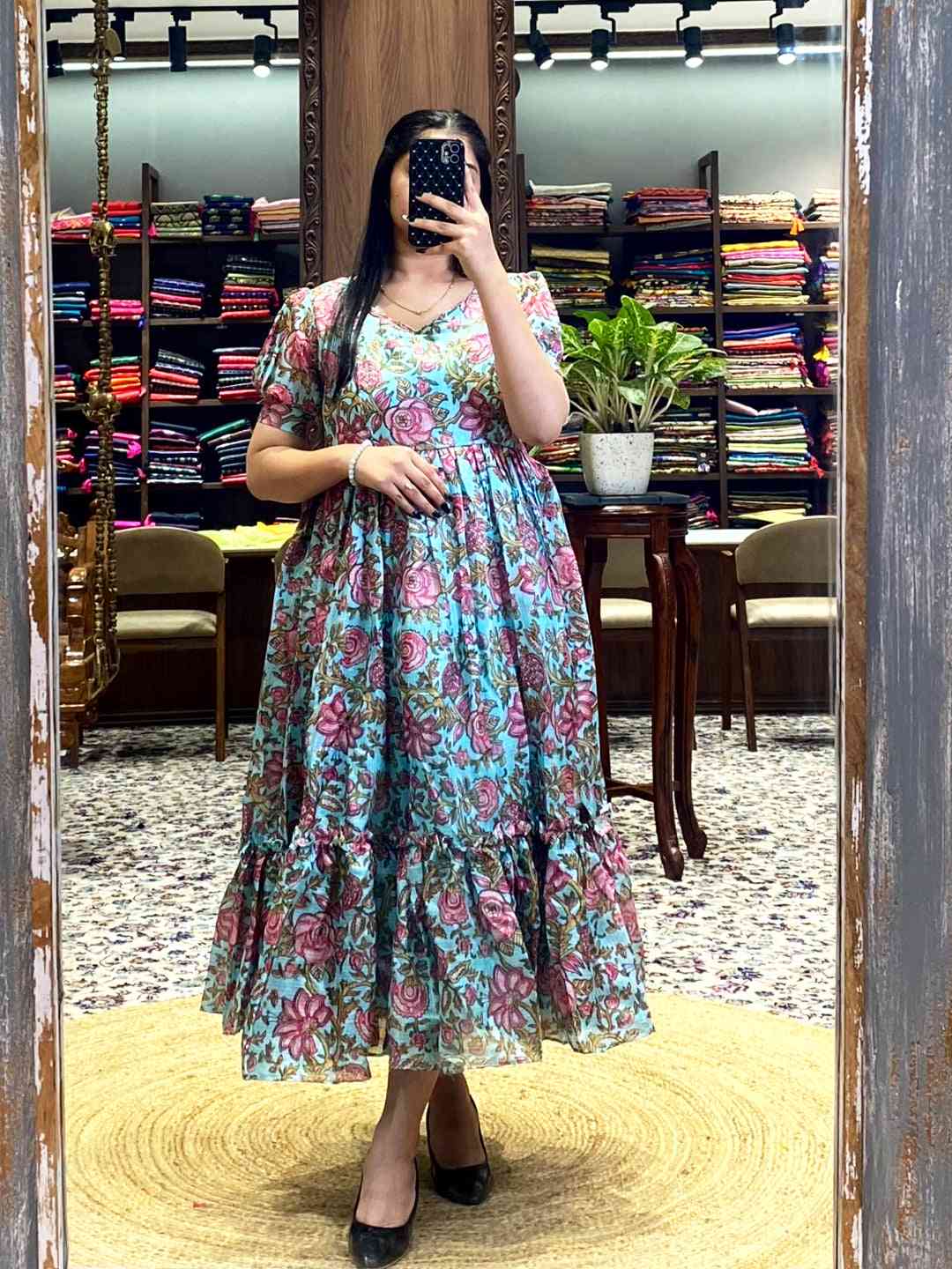 Middle Blue Floral Print Midi Dress by My Store
