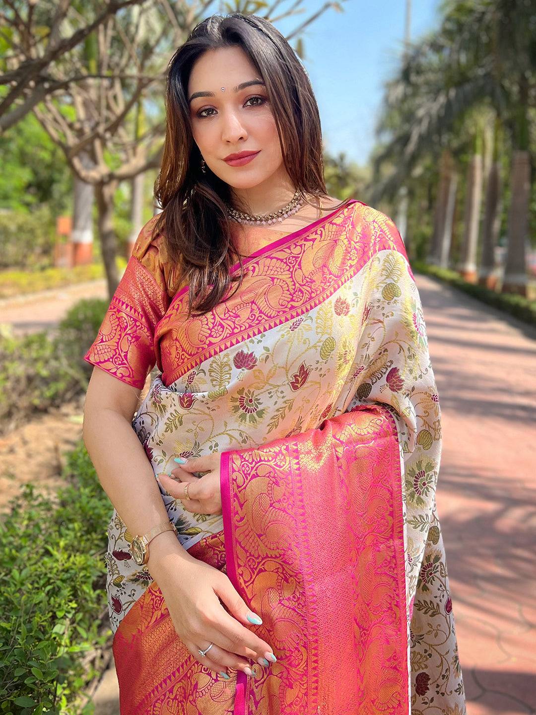 Off White Colour Banarasi One Grm Tissue Silk Festive Wear Saree by My Store