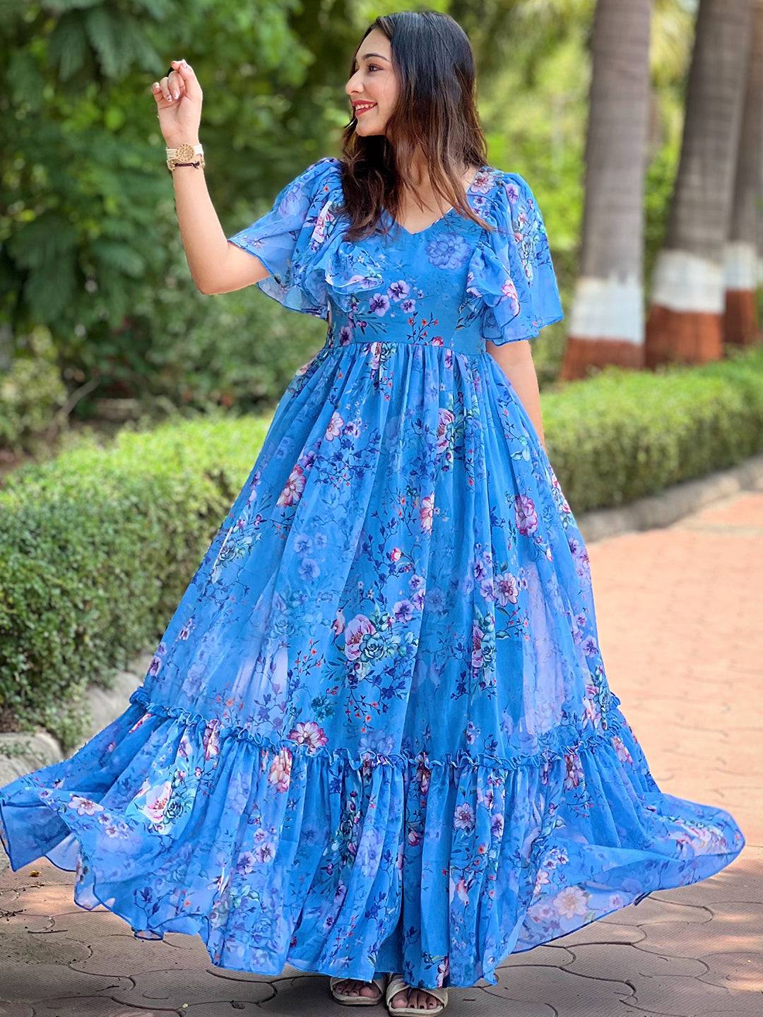 Orchid Blue Printed Flary Dress by My Store