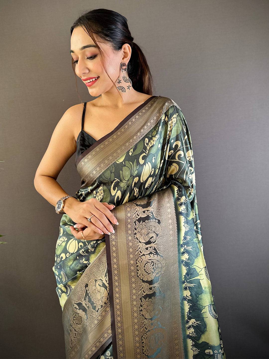 Bottle Green Soft Silk Kalamkari Saree by My Store